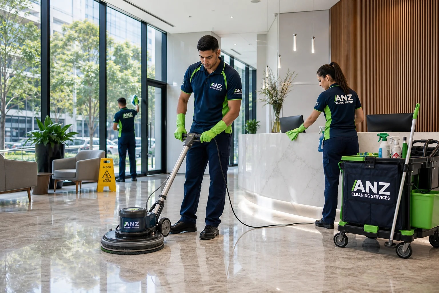 Commercial Cleaning Professional with Cleaning Supplies