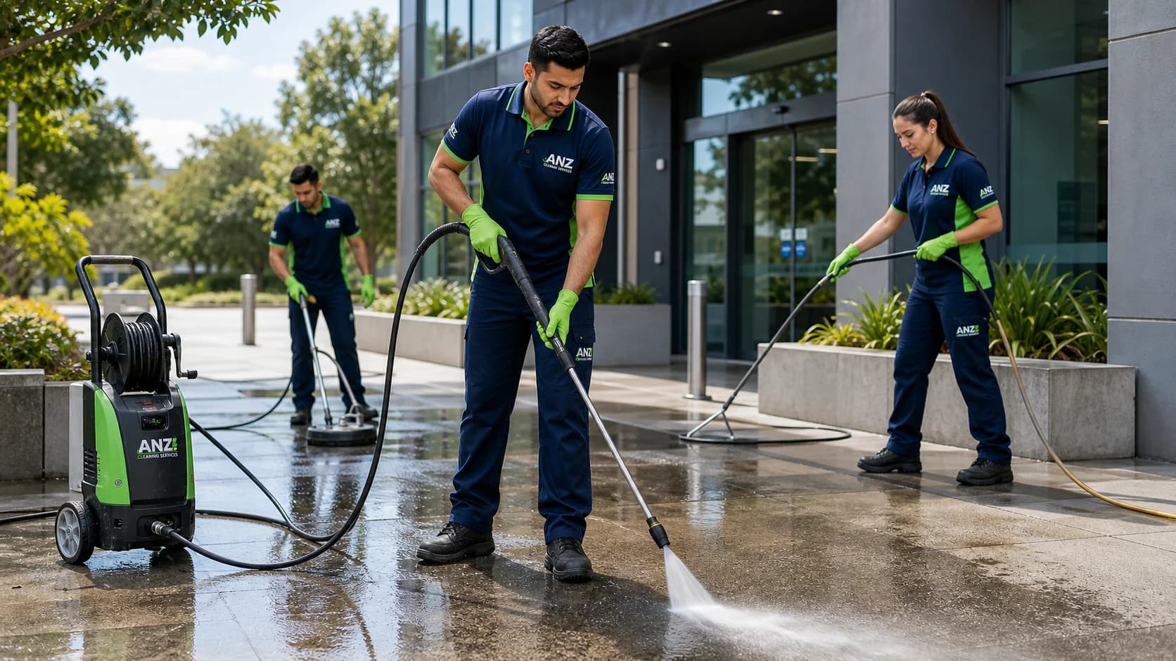 ANZ high-pressure cleaning rig washing down a Castle Hill commercial entryway