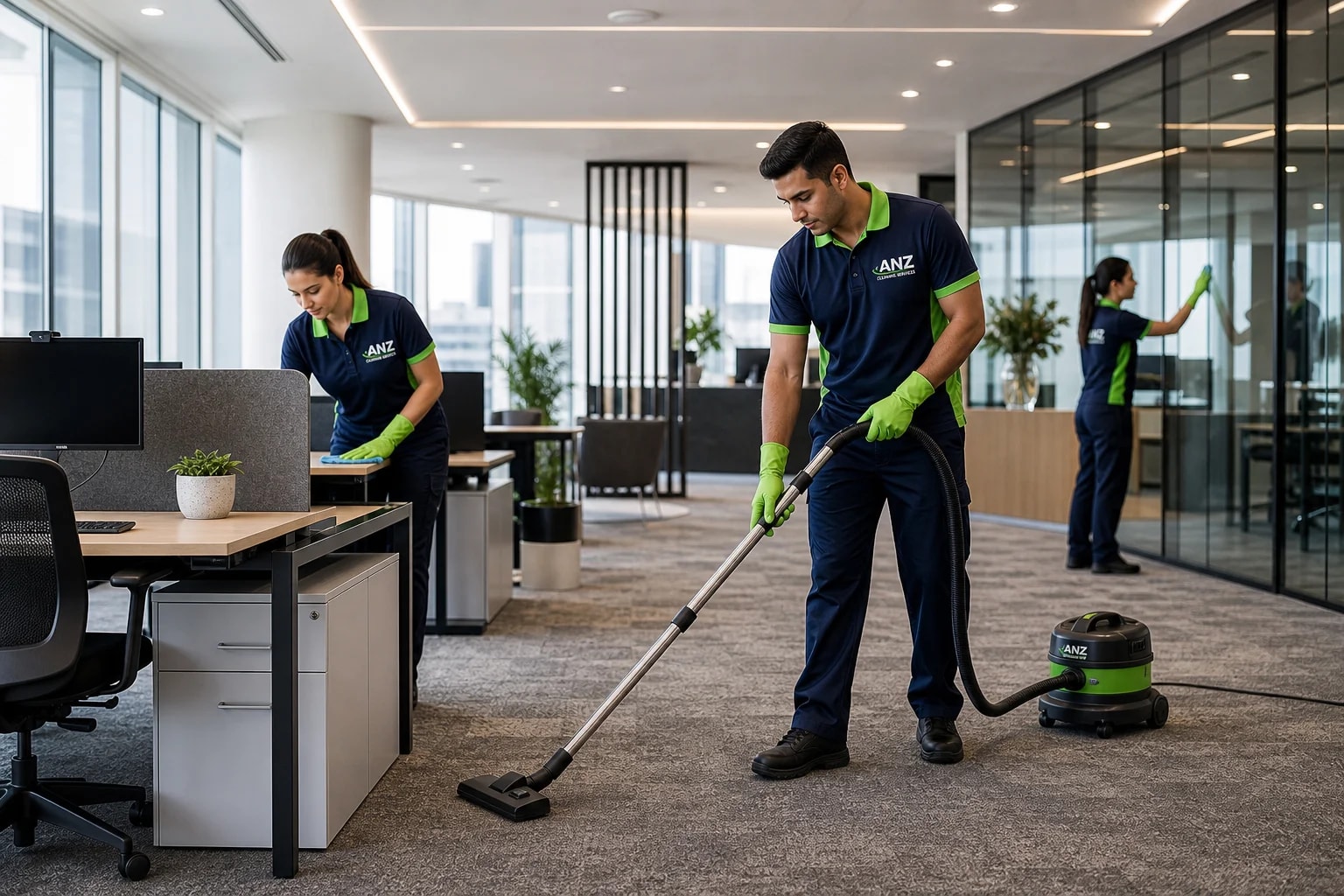 Office Cleaning Professional with Cleaning Supplies